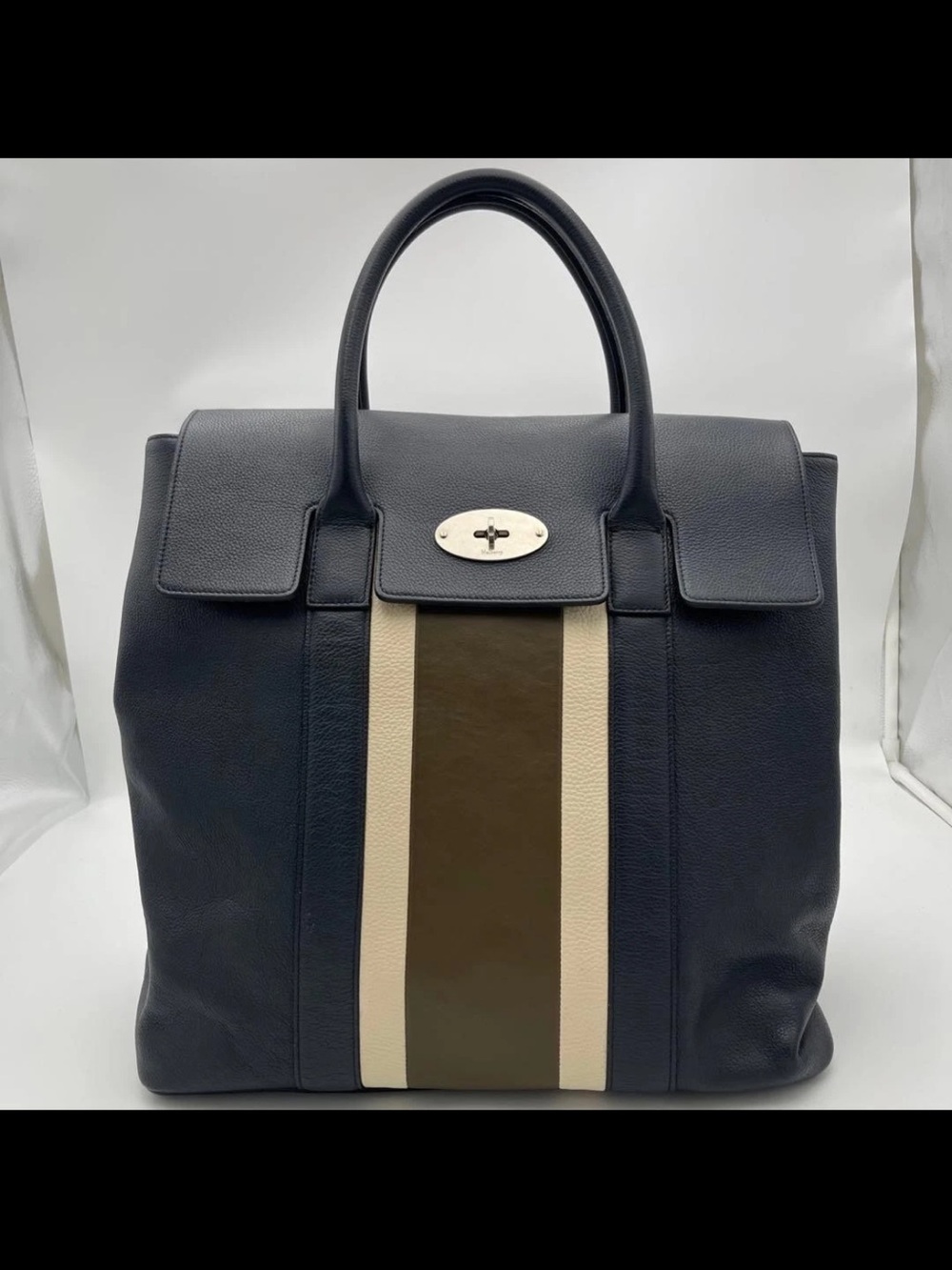 Mulberry Navy Leather Tote with Cream and Olive Center Stripe